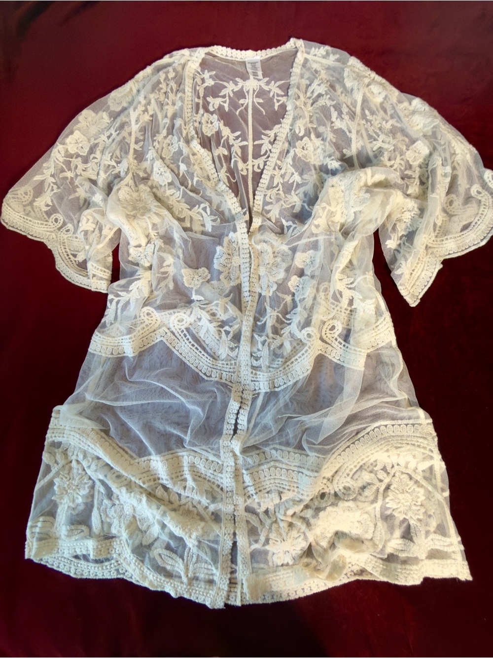 Adiva Boho Embroidered Lace Kimono Duster Cardigan Sheer in cream Sz L/XL